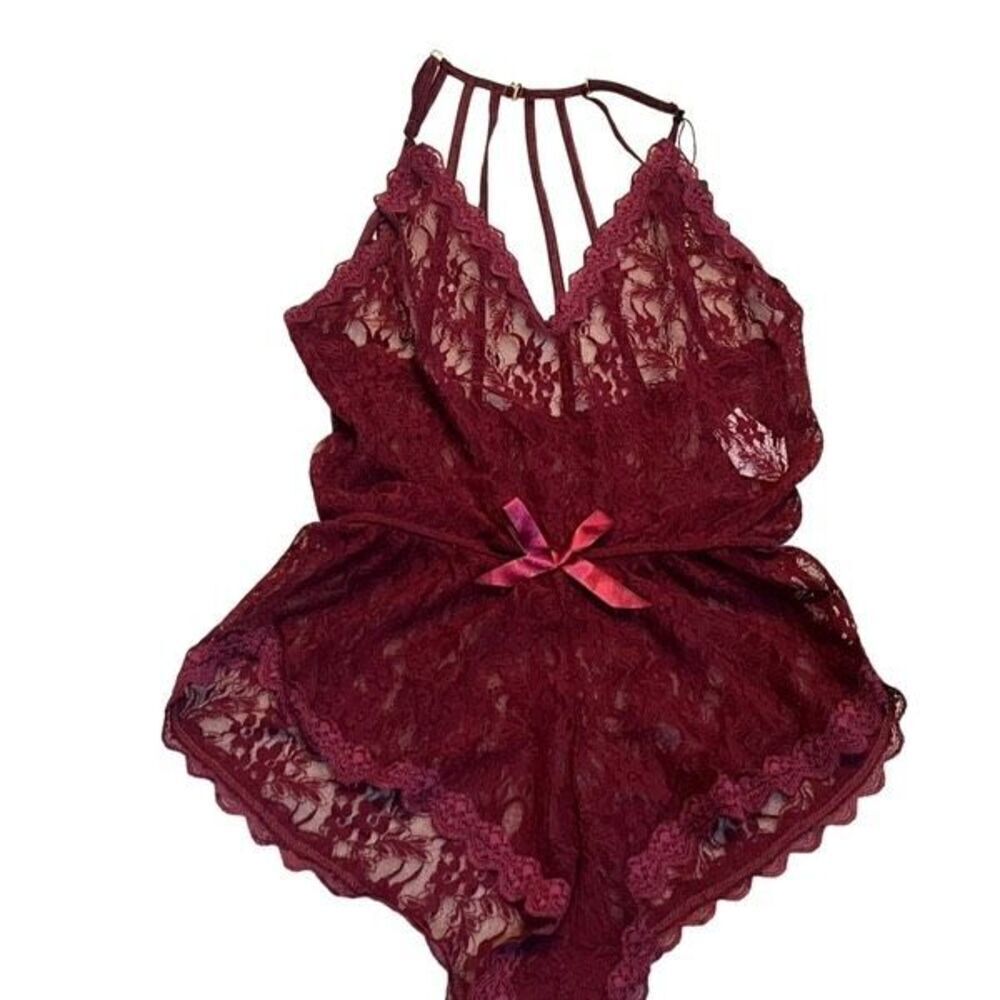 Mapale Babydoll Lace Romper Sexy Burgundy Lingerie NWT Size Small